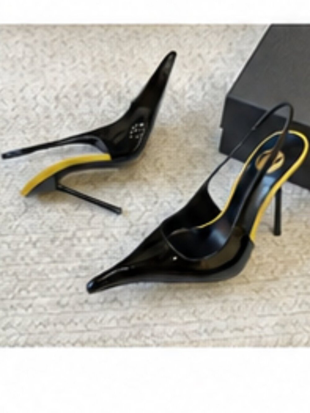 Pointed Toe Patent Slingback Stiletto Heels, Color-Blocked Insole, Glossy Heel
